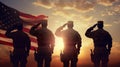 American soldiers by national USA flag at 4th of July, independence day of America and US military, patriotism concept Royalty Free Stock Photo