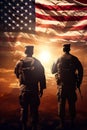 American soldiers by national USA flag at 4th of July, independence day of America and US military, patriotism concept Royalty Free Stock Photo