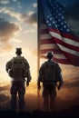 American soldiers by national USA flag at 4th of July, independence day of America and US military, patriotism concept Royalty Free Stock Photo