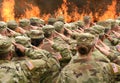 American soldiers saluting and fire in the front collage