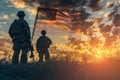 American Soldiers Standing Next to an American Flag, Silhouettes of soldiers against a sunset sky with an American flag overlay Royalty Free Stock Photo