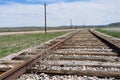 Railroad tracks off center with tumbleweed