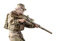 American special forces sniper unit holding his long barrel sniper rifle with handgrip and scope, painted in tactical pattern. Royalty Free Stock Photo