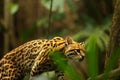 The American spotted cat Leopardus pardalis walking on the branche. Dark background