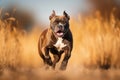 American Staffordshire bull terrier running in the autumn field. Ai generated