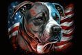 American Staffordshire Terrier dog portrait with American flag in the background, Generative AI illustration Royalty Free Stock Photo