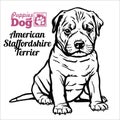 American Staffordshire Terrier puppy sitting. Drawing by hand, sketch. Engraving style, black and white vector image.