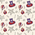 American stars, hat and decorations. Hand drawn Seamless vector pattern in doodle style. July 4th USA Independence Day Royalty Free Stock Photo