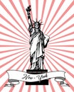 American Statue of Liberty and a ribbon with the text New York on the background of the rays. Retro poster, illustration vector