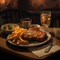 American steak, chips, and gravy but also conveys the ambiance of a cozy bar setting Royalty Free Stock Photo