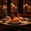 American steak, chips, and gravy but also conveys the ambiance of a cozy bar setting Royalty Free Stock Photo
