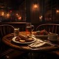 American steak, chips, and gravy but also conveys the ambiance of a cozy bar setting Royalty Free Stock Photo