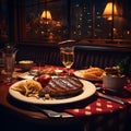 American steak, chips, and gravy but also conveys the ambiance of a cozy bar setting Royalty Free Stock Photo