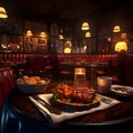 American steak, chips, and gravy but also conveys the ambiance of a cozy bar setting Royalty Free Stock Photo