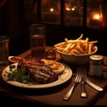 American steak, chips, and gravy but also conveys the ambiance of a cozy bar setting Royalty Free Stock Photo