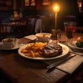 American steak, chips, and gravy but also conveys the ambiance of a cozy bar setting Royalty Free Stock Photo