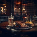 American steak, chips, and gravy but also conveys the ambiance of a cozy bar setting Royalty Free Stock Photo