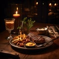 American steak, chips, and gravy but also conveys the ambiance of a cozy bar setting Royalty Free Stock Photo