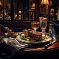 American steak, chips, and gravy but also conveys the ambiance of a cozy bar setting Royalty Free Stock Photo