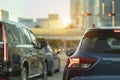 American street with driving cars at intersection with traffic lights in Miami, Florida. USA transportation Royalty Free Stock Photo