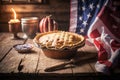 American style apple pie. A freshly baked cake stands on an old wooden table. Mood lighting. Tart with apples or fruit. Royalty Free Stock Photo