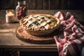 American style apple pie. A freshly baked cake stands on an old wooden table. Mood lighting. Tart with apples or fruit. Royalty Free Stock Photo