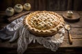 American style apple pie. A freshly baked cake stands on an old wooden table. Mood lighting. Tart with apples or fruit. Royalty Free Stock Photo