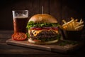 American-style Burger and Fries on Natural Wood Background generative AI