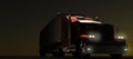 American style red truck at night. Semi Truck with Cargo Trailer. 3D rendering