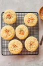 American style round cookies with confetti (shortbread) on a wire rack on a grey stone backdrop.