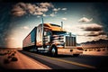 American style truck on freeway pulling load. Generative AI illustration. Royalty Free Stock Photo