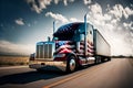 American style truck on freeway pulling load. Generative AI illustration. Royalty Free Stock Photo