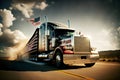 American style truck on freeway pulling load. Generative AI illustration. Royalty Free Stock Photo