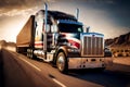 American style truck on freeway pulling load. Generative AI illustration. Royalty Free Stock Photo