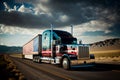 American style truck on freeway pulling load. Generative AI illustration. Royalty Free Stock Photo