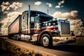 American style truck on freeway pulling load. Generative AI illustration. Royalty Free Stock Photo