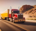 American style truck on freeway pulling load. Transportation Royalty Free Stock Photo