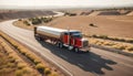 American style truck on freeway pulling load. Transportation Royalty Free Stock Photo