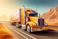 American style truck on freeway pulling load. Transportation theme Royalty Free Stock Photo