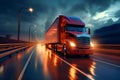 American style truck on freeway pulling load. Transportation theme Royalty Free Stock Photo