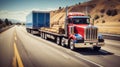 American style truck on freeway pulling load. Transportation theme. Road cars theme. Royalty Free Stock Photo