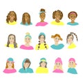 American teens black person girl. Big set. Beautiful women face vector illustration. Isolated flat vector. Cheerful