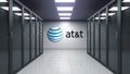 American Telephone and Telegraph Company AT&T logo on the wall of the server room. Editorial 3D rendering Royalty Free Stock Photo