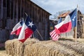 The American and Texas flags arranged on straw bales, independence day decoration Royalty Free Stock Photo