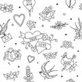 American Traditional Seamless Pattern Outline Love Elements on transparent Background