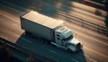 American truck pulling load on a freeway. Aerial drone shot. Generative ai illustration