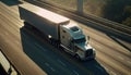 American truck pulling load on a freeway. Aerial drone shot. Generative ai illustration