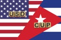 American and ÃÂ¡uban currencies codes on national flags background