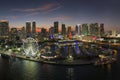 American urban landscape at night. Miami marina and Skyviews Observation Wheel at Bayside Marketplace with