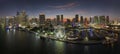 American urban landscape at night. Miami marina and Skyviews Observation Wheel at Bayside Marketplace with